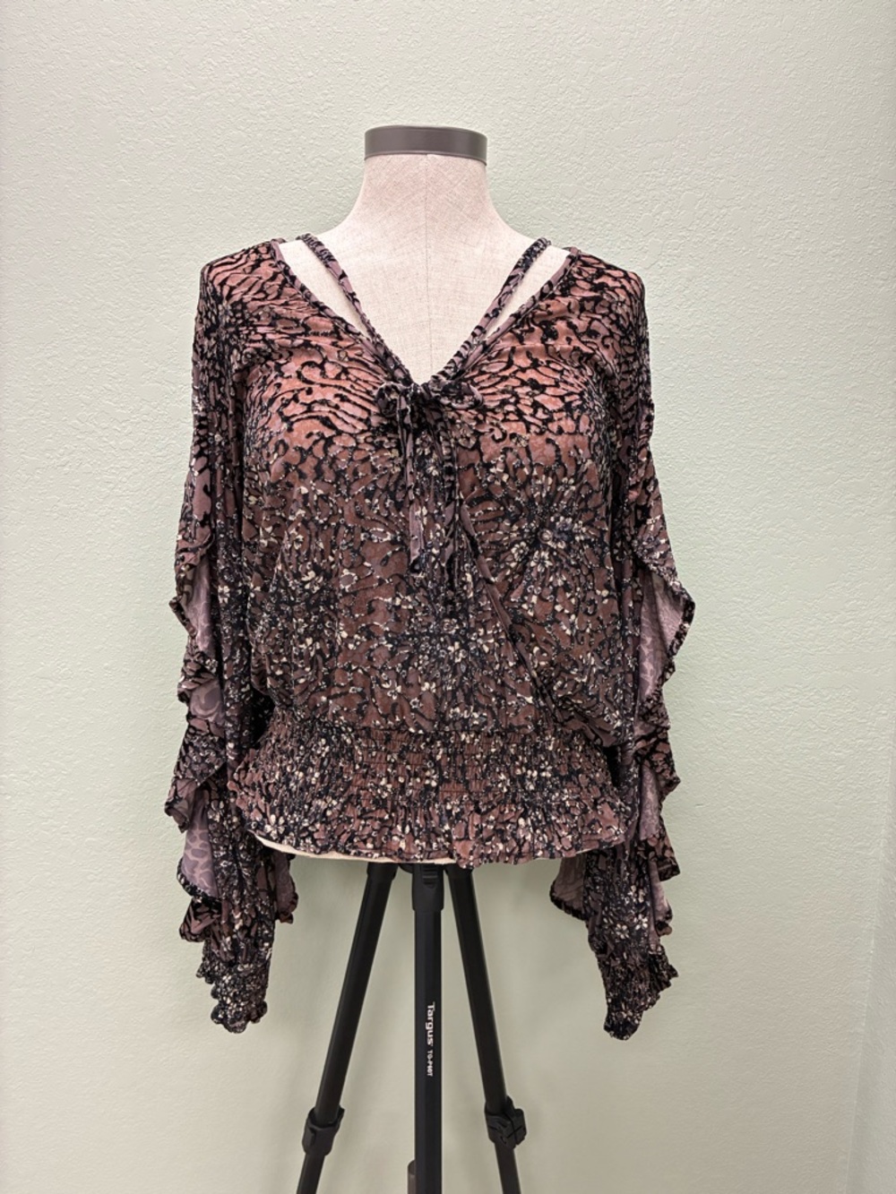 Vintage Havana Mauve and Black Sheer Floral Ruffle Blouse